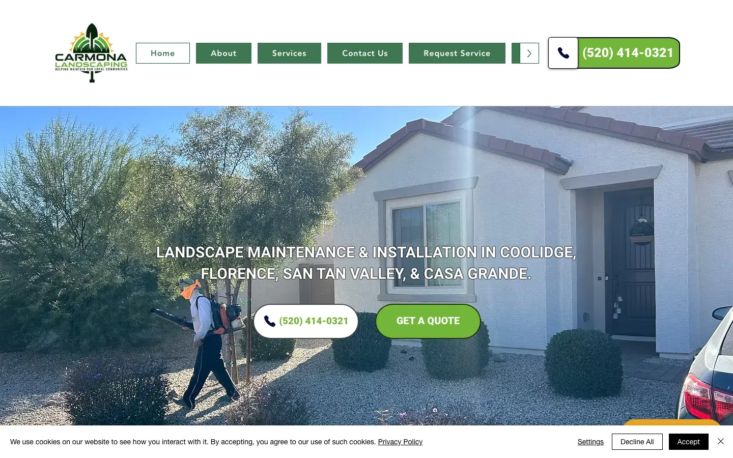The old Carmona Landscaping site on Wix: a large photo, a long headline and a cookie banner