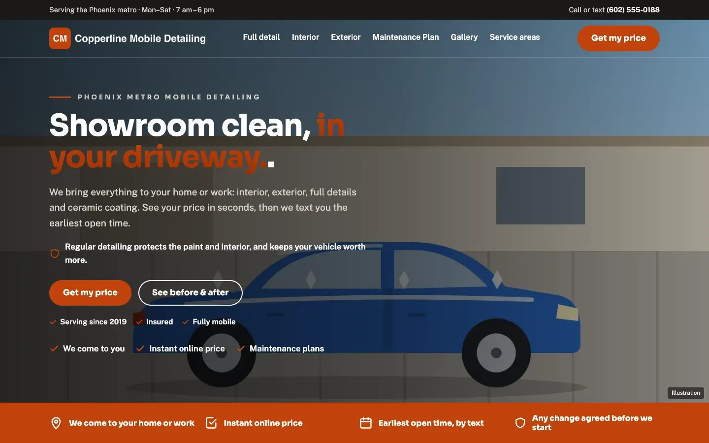 Home page of the Copperline Mobile Detailing demo site: "Showroom clean, in your driveway"