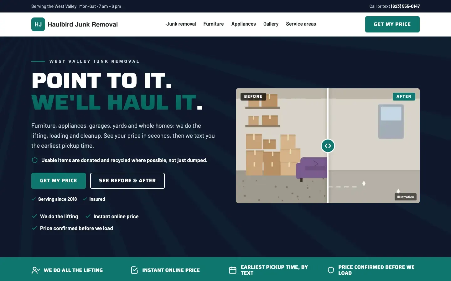 Home page of the Haulbird Junk Removal demo site: "Point to it. We'll haul it."