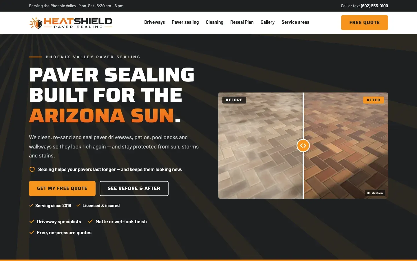 Home page of the HeatShield paver sealing demo site on a desktop screen