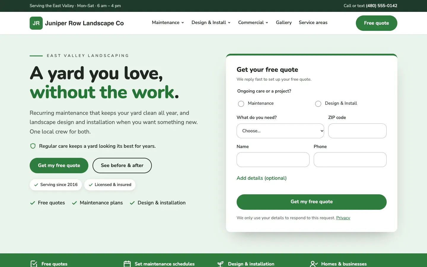 Home page of the Juniper Row landscaping demo site: a quote form that asks maintenance or design and install