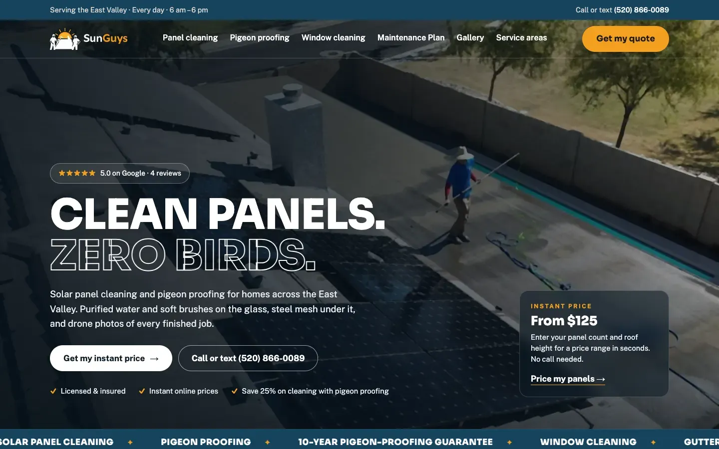 Home page of the SunGuys solar panel cleaning site: a drone photo of a technician cleaning rooftop panels behind the headline Clean panels. Zero birds.