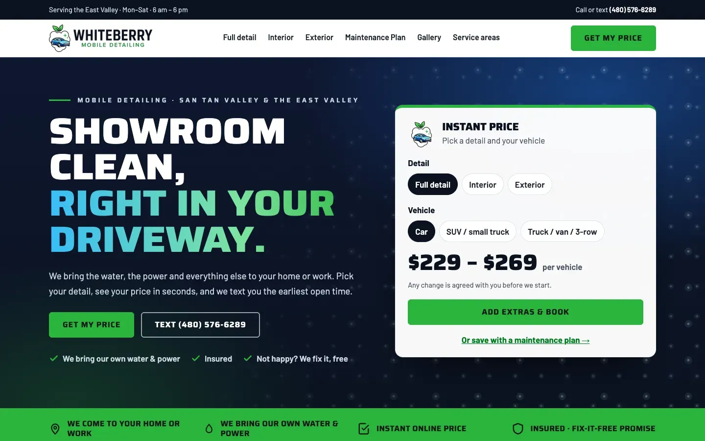 Whiteberry Mobile Detailing home page: an instant price card where you pick a detail and vehicle size